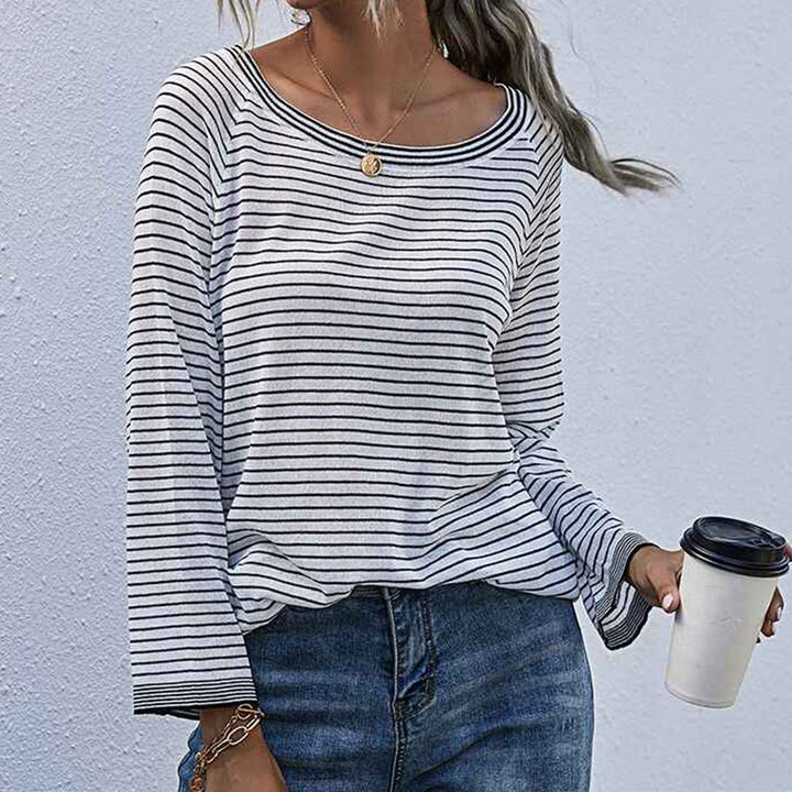 White-Womens-Casual-Striped-Tee-Shirt-Long-Sleeve-Round-Neck-Knit-Sweater-Top-K337-front