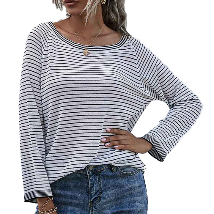 White-Womens-Casual-Striped-Tee-Shirt-Long-Sleeve-Round-Neck-Knit-Sweater-Top-K337