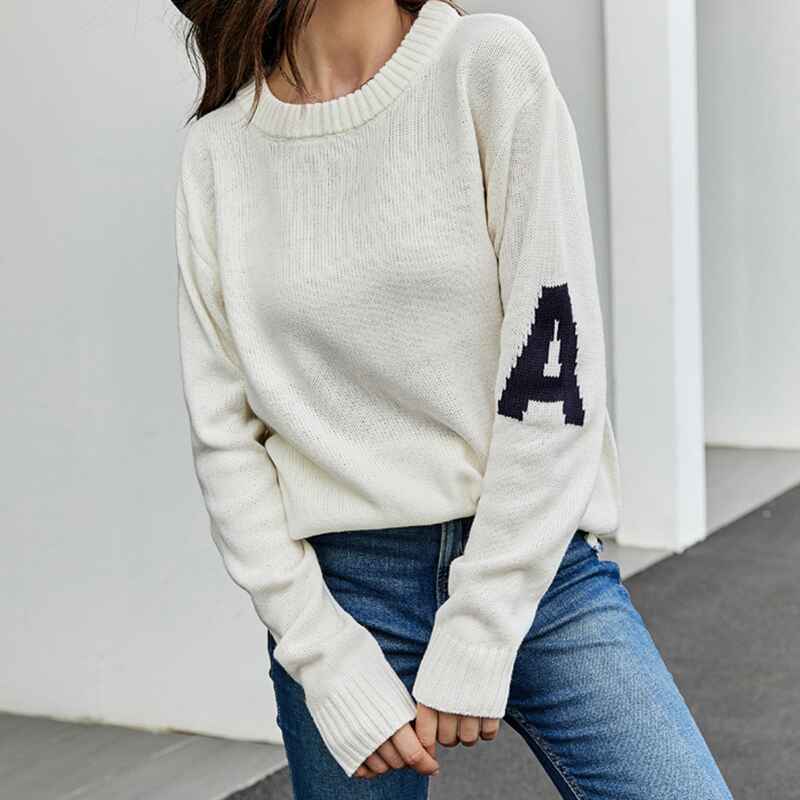 White-Womens-Crew-Neck-Sweaters-Long-Sleeve-Pullover-Knitted-Casual-Comfy-Jumper-Tops-K581-Front
