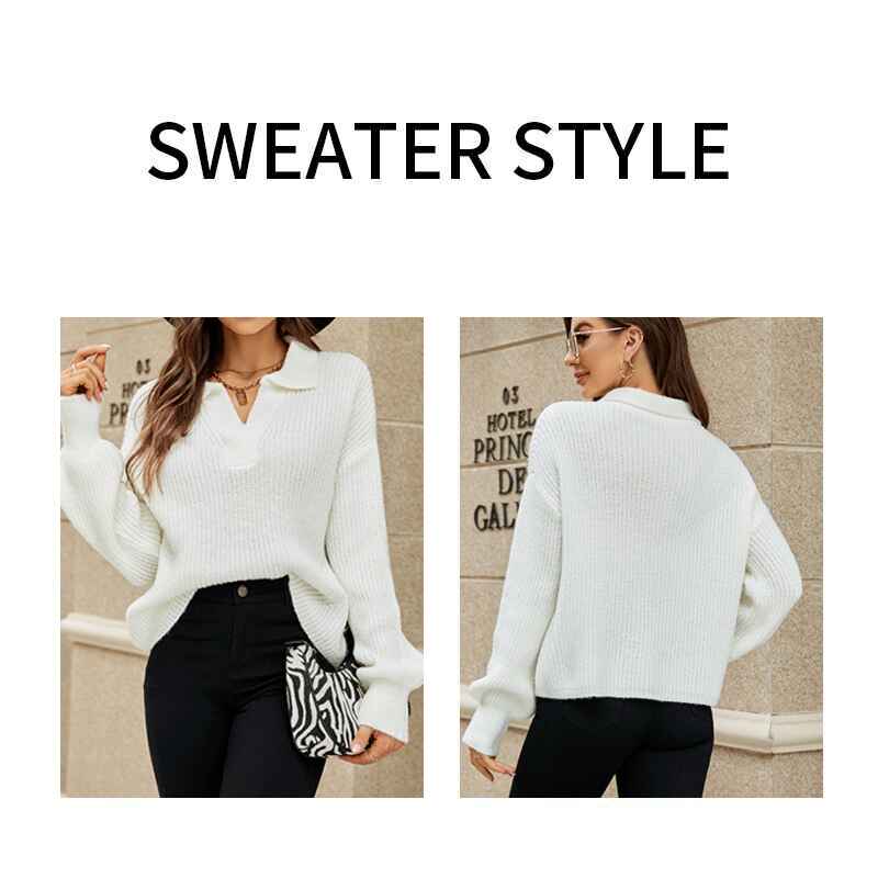     White-Womens-Fall-Lapel-Collar-V-Neck-Long-Sleeve-Ribbed-Knit-Comfy-Pullover-Sweater-Jumper-Top-K595-Detail