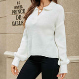 White-Womens-Fall-Lapel-Collar-V-Neck-Long-Sleeve-Ribbed-Knit-Comfy-Pullover-Sweater-Jumper-Top-K595-Side