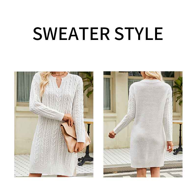 White-Womens-Sweater-Dress-Long-Sleeve-V-Neck-Cable-Knit-Sweater-Dresses-Casual-Loose-K584-Detail