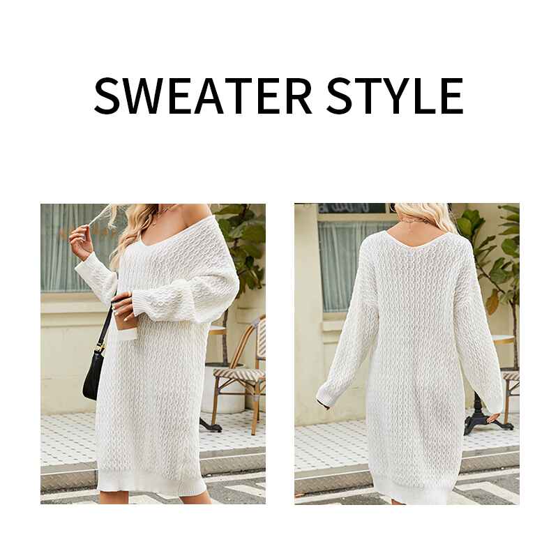 White-Womens-V-Neck-Elasticity-Slim-Dress-Chunky-Cable-Knit-Pullover-Sweaters-Jumper-K586-Detail