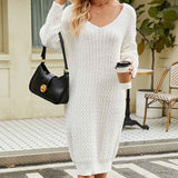 White-Womens-V-Neck-Elasticity-Slim-Dress-Chunky-Cable-Knit-Pullover-Sweaters-Jumper-K586