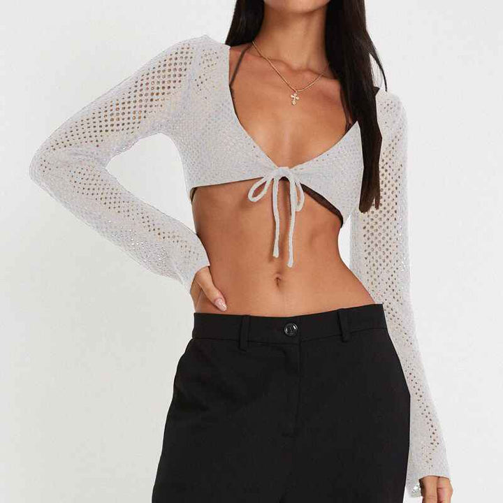 White-Womens-hollow-short-knitted-top-mesh-long-sleeved-solid-color-strappy-cardigan-k640