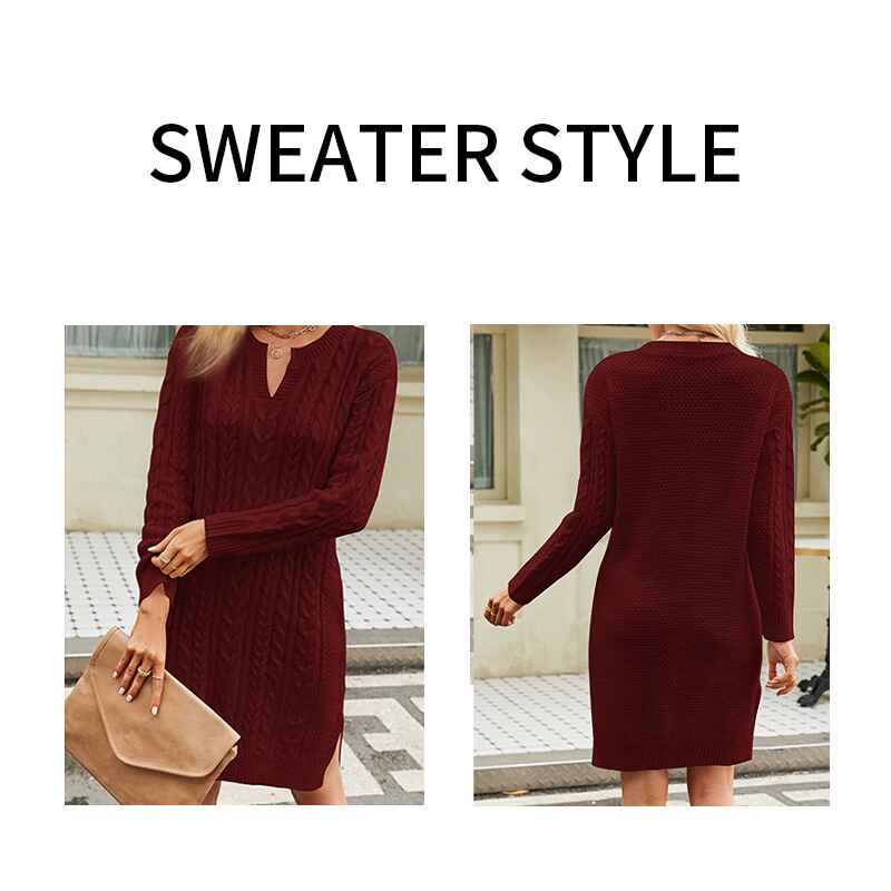 Wine-Red-Womens-Sweater-Dress-Long-Sleeve-V-Neck-Cable-Knit-Sweater-Dresses-Casual-Loose-K584-Detail