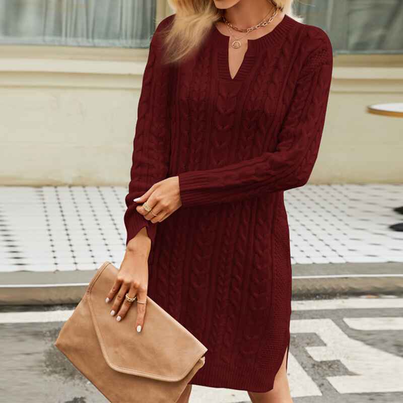 Wine-Red-Womens-Sweater-Dress-Long-Sleeve-V-Neck-Cable-Knit-Sweater-Dresses-Casual-Loose-K584
