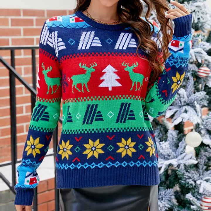 Womens-Christmas-Reindeer-Xmas-Snowflake-Patterns-Knitted-Sweater-Long-Sleeve-Elk-Floral-Printed-Pullover-K618-Front-2