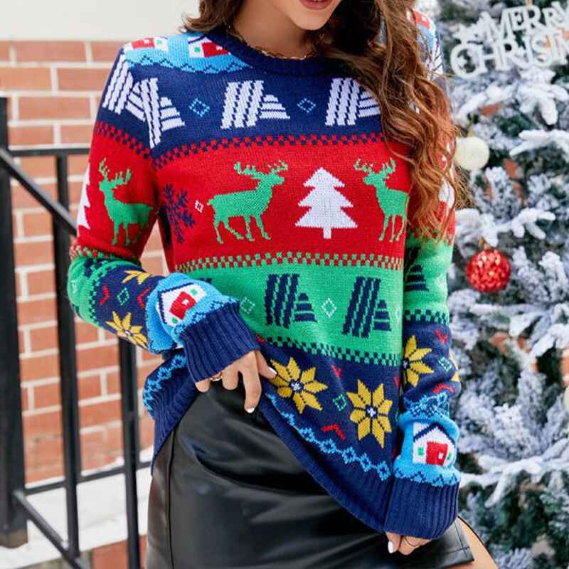 Womens-Christmas-Reindeer-Xmas-Snowflake-Patterns-Knitted-Sweater-Long-Sleeve-Elk-Floral-Printed-Pullover-K618-Front