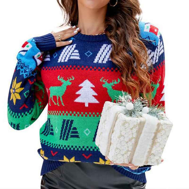     Womens-Christmas-Reindeer-Xmas-Snowflake-Patterns-Knitted-Sweater-Long-Sleeve-Elk-Floral-Printed-Pullover-K618-White-Background