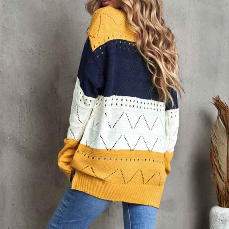 Yellow-Womens-Casual-Loose-Long-Sleeve-Fall-Sweaters-Crew-Neck-Color-Block-Knit-Pullover-Sweater-Jumper-Tops-K142-Back