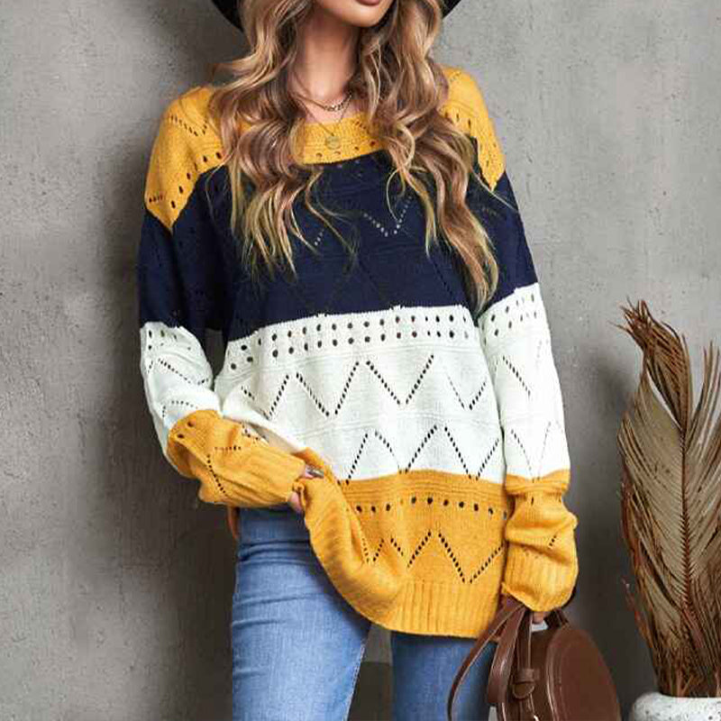 Yellow-Womens-Casual-Loose-Long-Sleeve-Fall-Sweaters-Crew-Neck-Color-Block-Knit-Pullover-Sweater-Jumper-Tops-K142-Front