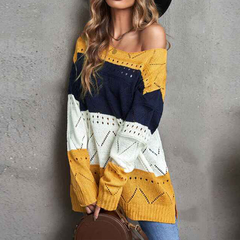 Yellow-Womens-Casual-Loose-Long-Sleeve-Fall-Sweaters-Crew-Neck-Color-Block-Knit-Pullover-Sweater-Jumper-Tops-K142-Side