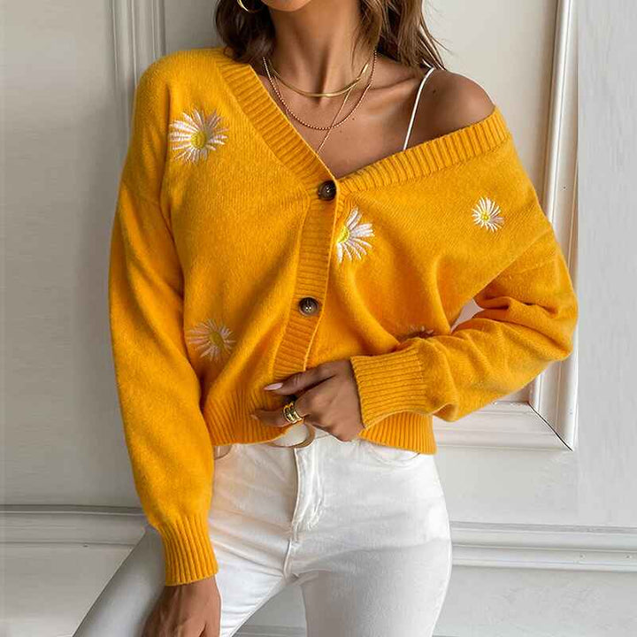 Yellow-Womens-Long-Sleeve-V-Neck-Button-Up-Chrysanthemum-Embroidered-Cropped-Cardigan-Sweater-Coat-K629