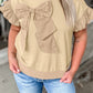 Parchment Ruffled Short Sleeve Bowknot Applique Crew Neck Plus Size Top