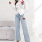 Embroidery Floral Pattern Button Down Asymmetrical Hem Shirt Top