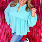 Turquoise Cordrd Balloon Sleeve Collar Plus Babydoll Top