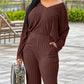 2 Pieces Outfit V Neck Long Sleeve Sanding Knit Top and Casual Slit Pants Set