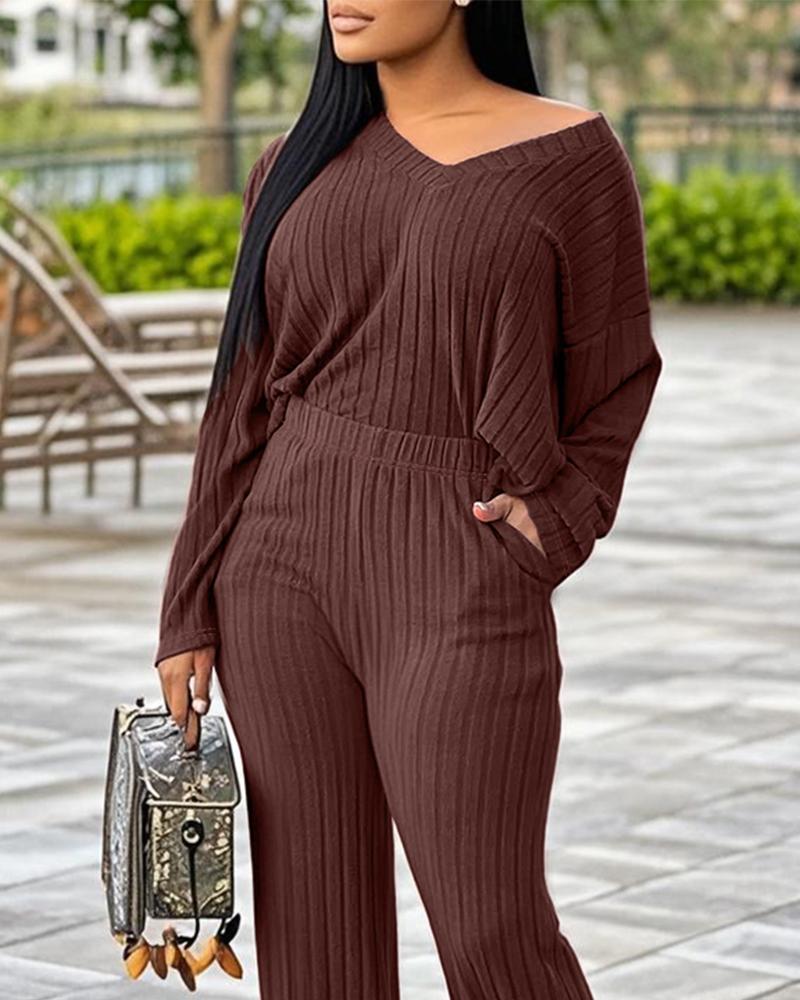 2 Pieces Outfit V Neck Long Sleeve Sanding Knit Top and Casual Slit Pants Set