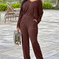 2 Pieces Outfit V Neck Long Sleeve Sanding Knit Top and Casual Slit Pants Set
