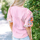 Pink Floral Embroidered Puff Sleeve Split Neck Blouse