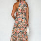 Black Boho Floral Print Knotted Halter Ruffled Maxi Dress