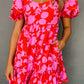 Red Floral Bubble Sleeve Sweetheart Neck Ruffled Mini Dress