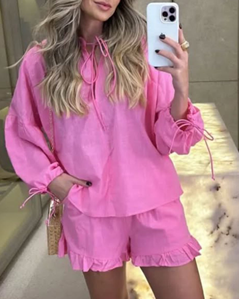 2 Piece Outfit Round Neck Tied Detail Puff Sleeve Top and Frill Hem Pocket Design Shorts Set