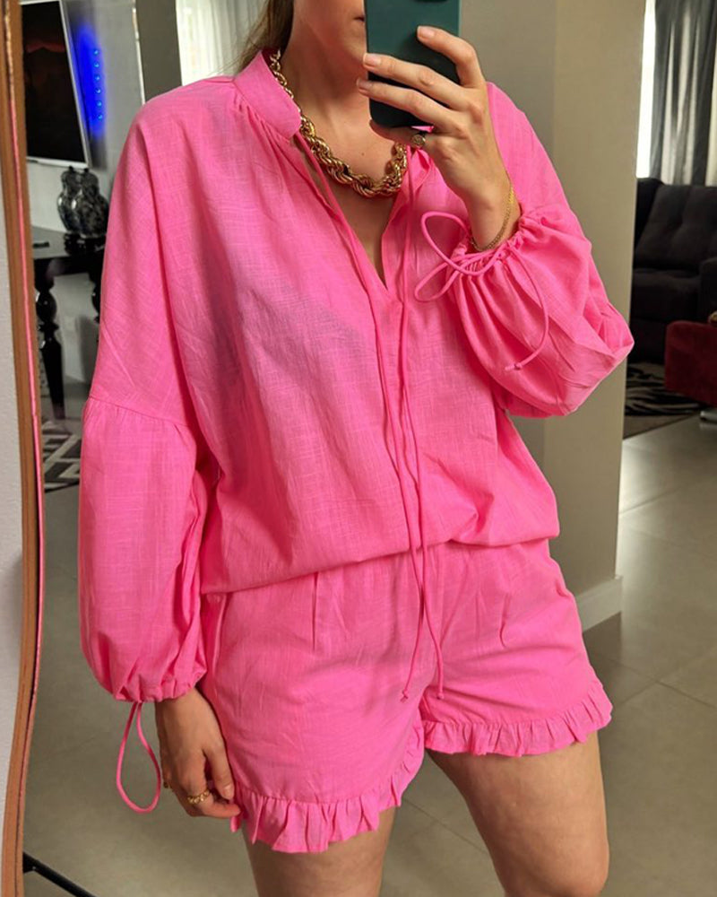 2 Piece Outfit Round Neck Tied Detail Puff Sleeve Top and Frill Hem Pocket Design Shorts Set