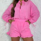 2 Piece Outfit Round Neck Tied Detail Puff Sleeve Top and Frill Hem Pocket Design Shorts Set