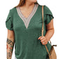 Blackish Green Plus Size Embroidery V Neck Draped Sleeve Blouse