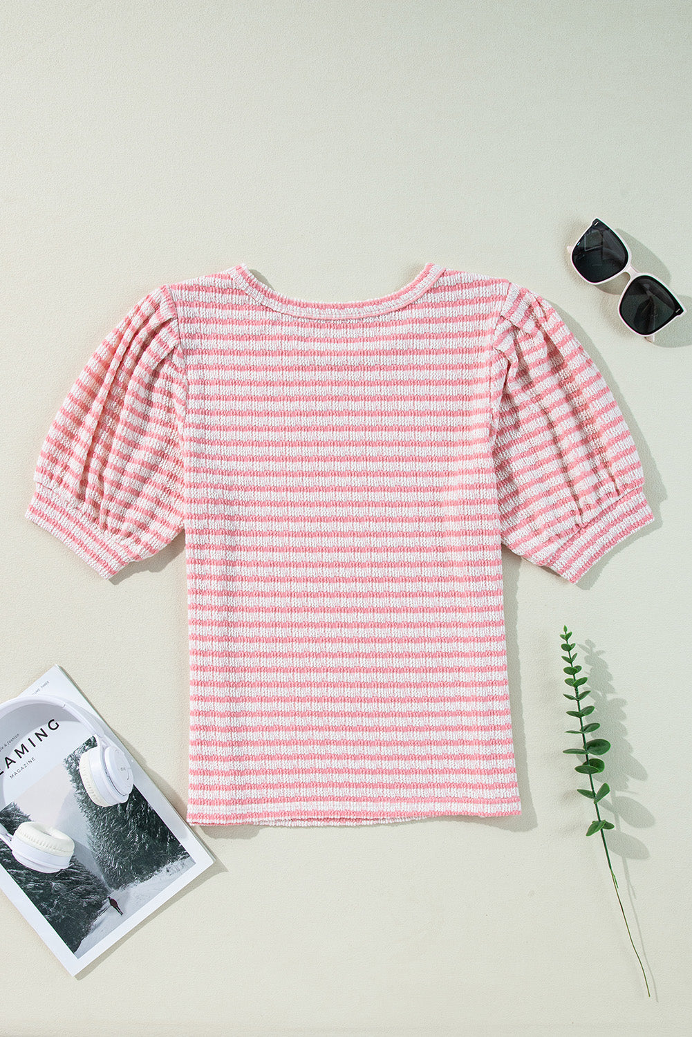 Pink Stripe Textured Puff Sleeve Crewneck Top