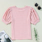 Pink Stripe Textured Puff Sleeve Crewneck Top