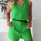 2 Pieces Summer Outfits V Neck Sleeveless Ruched Tank and Casual Pocket Design Shorts Set