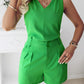 2 Pieces Summer Outfits V Neck Sleeveless Ruched Tank and Casual Pocket Design Shorts Set