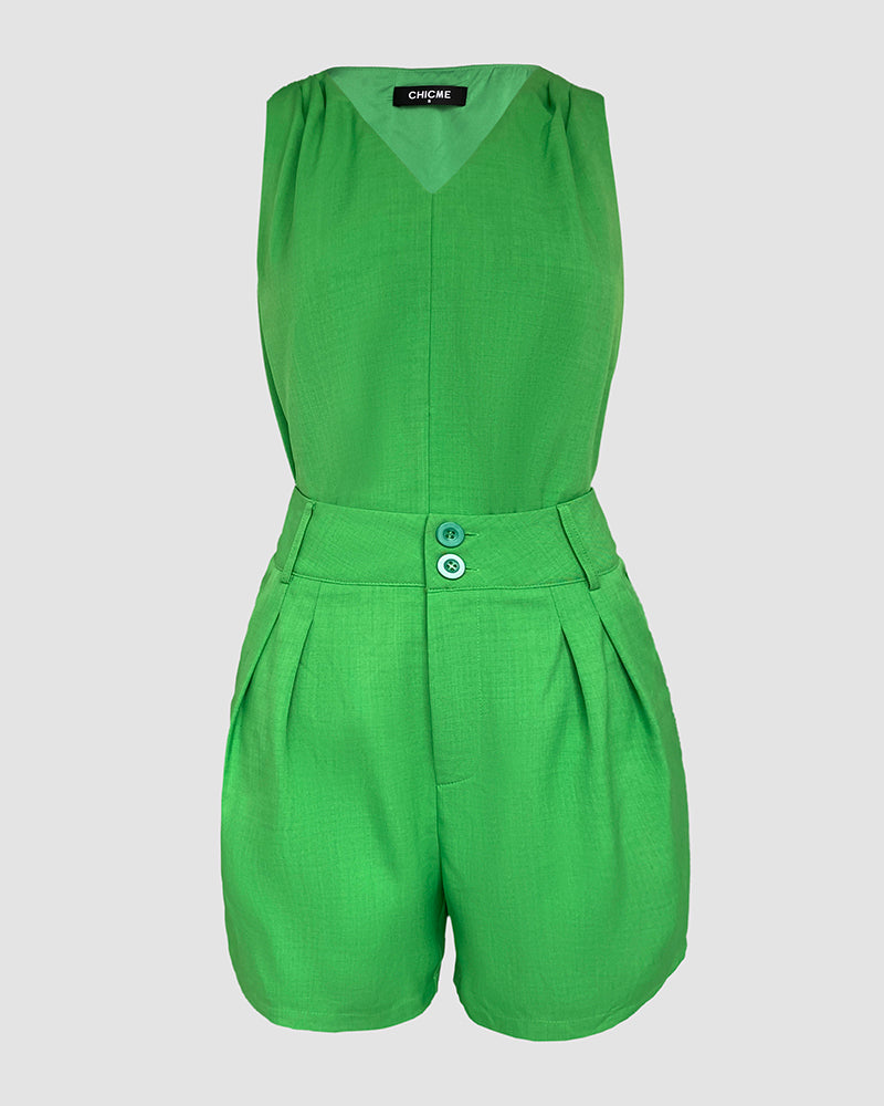 2 Pieces Summer Outfits V Neck Sleeveless Ruched Tank and Casual Pocket Design Shorts Set