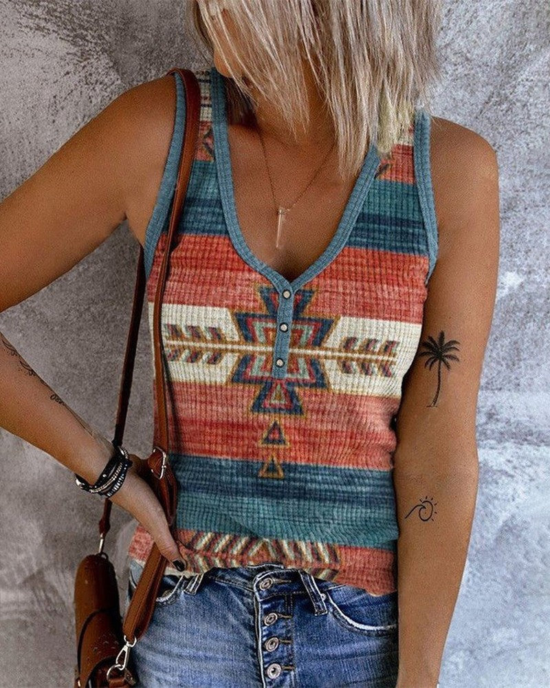Aztec Geometric Striped Print Tank Top