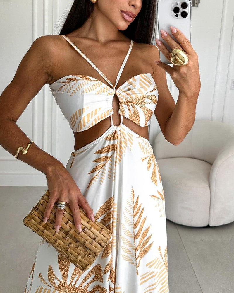Tropical Print Backless Maxi Dress