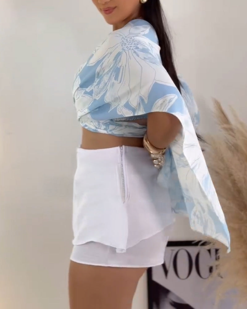 2 Pieces Outfit Floral Print Asymmetrical Neck Slit Convertible Top with Bandeau