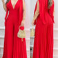 V Neck Split Sleeve Cinched Waisted Jumpsuit Pleated Wide Leg Romper