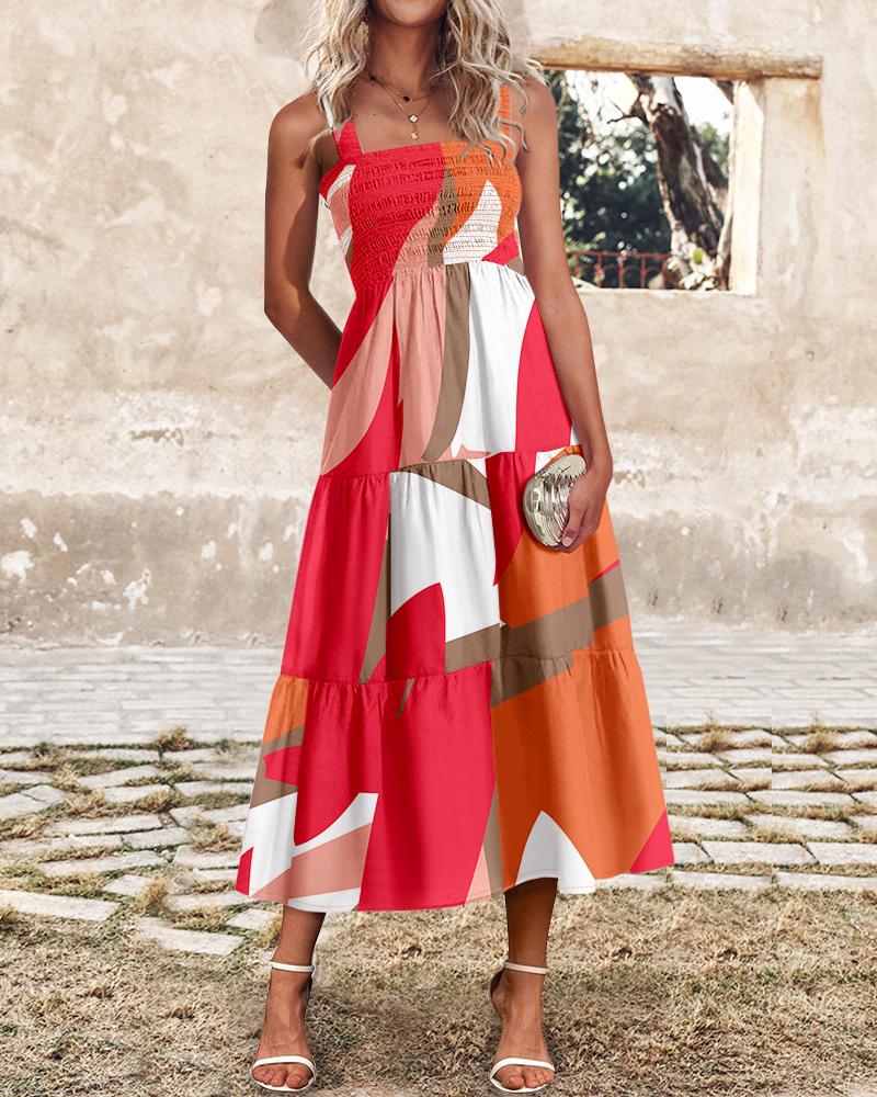 Abstract Pattern Square Neck Thick Strap Shirred Ruffles Hem Dress Vacation Dress