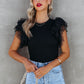 Black Dotty Mesh Ruffle Sleeve Ribbed Knit Top