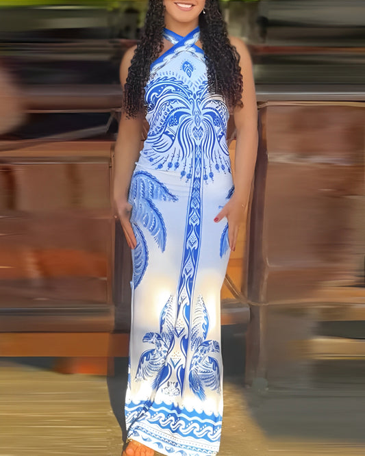 Tropical Print Halter Tied Detail Slit Dress Casual Backless Bodycon Midi Dress