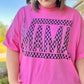 Bright Pink Checker MAMA Letter Printed Graphic Plus Size T Shirt