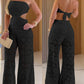 Bandeau Eyelet Embroidery Tied Detail Overalls Casual Cutout Jumpsuit(With Lining)