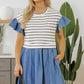 Black Stripe Ruffle Denim Patchwork Round Neck Mini Dress