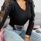 Long Sleeve V Neck Lace Patchwork Rhinestone Decor Knit Pullover Sweater Tops