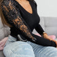 Long Sleeve V Neck Lace Patchwork Rhinestone Decor Knit Pullover Sweater Tops