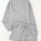 Gray Textured Long Sleeve Top and Drawstring Shorts Set