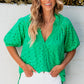 Green Flower Embroidered Hollow-out Puff Sleeve Blouse